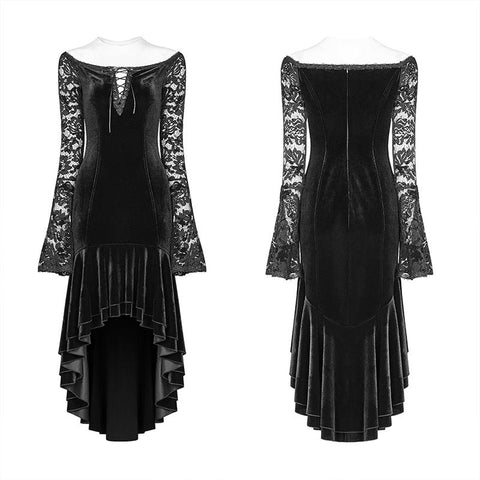 Gothic Damen Samt Langarm High-Low Spitzenkleid
