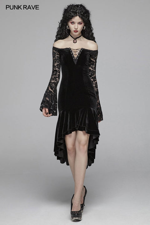 Gothic Damen Samt Langarm High-Low Spitzenkleid