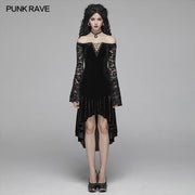 Gothic Damen Samt Langarm High-Low Spitzenkleid