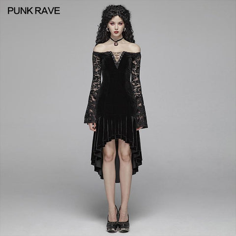 Gothic Damen Samt Langarm High-Low Spitzenkleid