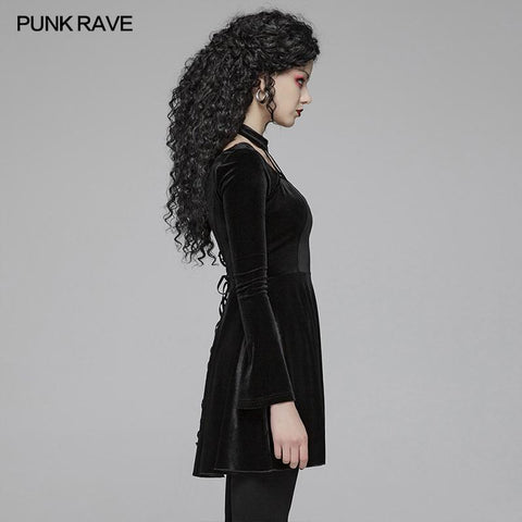 Gothic Daily Cross Neckholder Langarm Samt Kurzkleid für Frauen