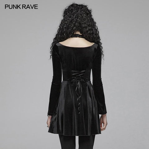 Gothic Daily Cross Neckholder Langarm Samt Kurzkleid für Frauen