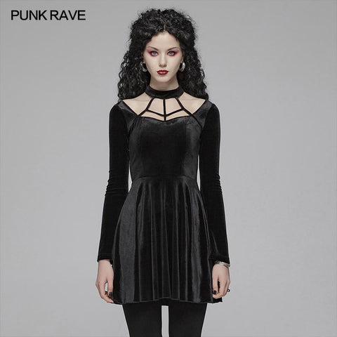 Gothic Daily Cross Neckholder Langarm Samt Kurzkleid für Frauen