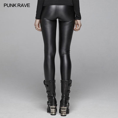 Gothic Frauen Elastizität Strick PU Legging Hose mit Kurven Spitze Dekoration