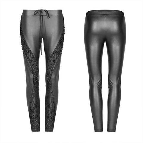 Gothic Frauen Elastizität Strick PU Legging Hose mit Kurven Spitze Dekoration