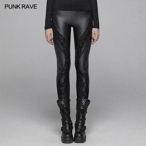 Gothic Frauen Elastizität Strick PU Legging Hose mit Kurven Spitze Dekoration