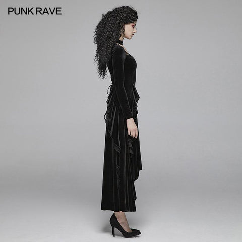 Gothic Daily Frauen Langarm Samt High-Low Langes Kleid Mit Spitze