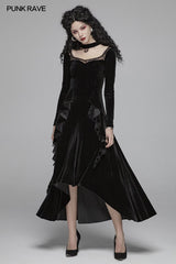 Gothic Daily Frauen Langarm Samt High-Low Langes Kleid Mit Spitze
