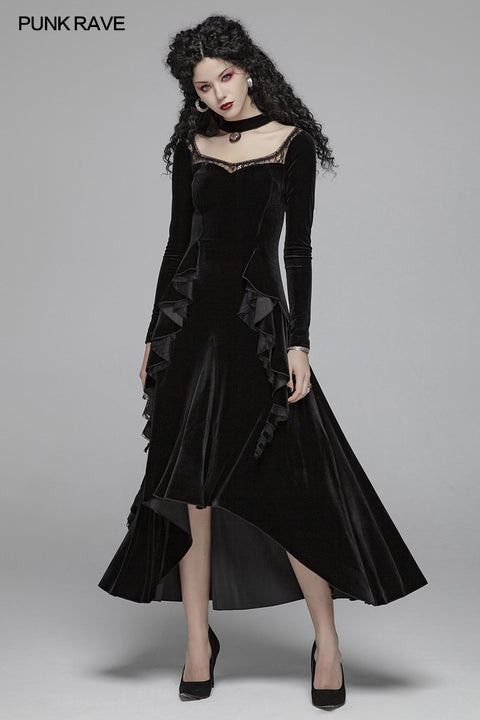 Gothic Daily Frauen Langarm Samt High-Low Langes Kleid Mit Spitze