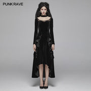 Gothic Daily Frauen Langarm Samt High-Low Langes Kleid Mit Spitze
