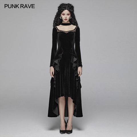 Gothic Daily Frauen Langarm Samt High-Low Langes Kleid Mit Spitze