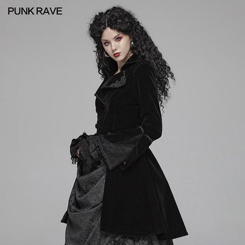 Damen Gothic Lolita Langarm Mittellanger Samtmantel