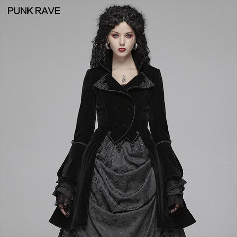 Damen Gothic Lolita Langarm Mittellanger Samtmantel