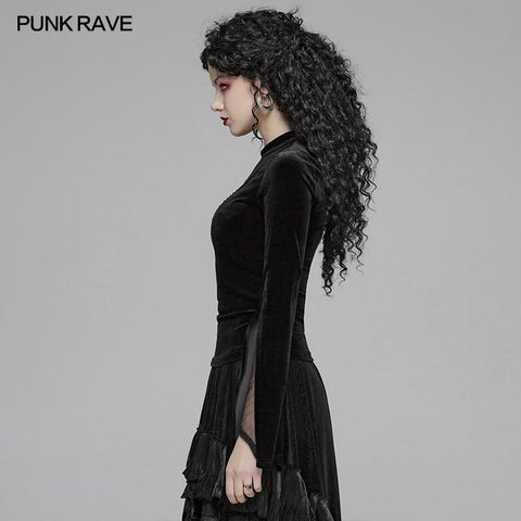 Frauen Gothic Double Layer Sleeve Velvet Tüll T-Shirt