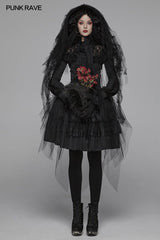 Lolita Dark Hat Lange unregelmäßige Tüll- und Spitzenkopfbedeckung mit dreidimensionaler Blumendekoration