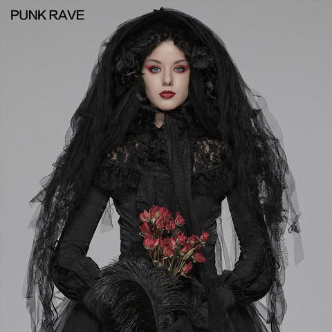 Lolita Dark Hat Lange unregelmäßige Tüll- und Spitzenkopfbedeckung mit dreidimensionaler Blumendekoration