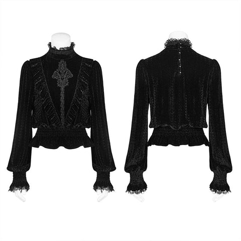Gotische Mittelkragen-Samtbluse mit dunklem Korn für Frauen