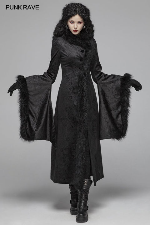 Gothic Wunderschöner Pelz Hoher Kragen Jacquard Langer Mantel