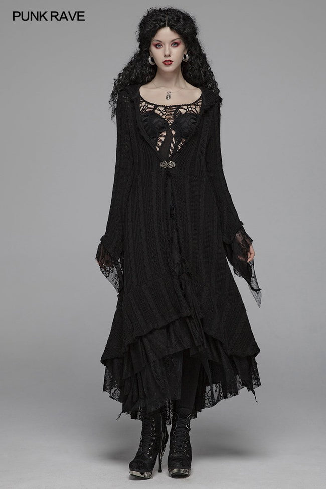 Gotische Wolljacke mit Kapuze und langen Ärmeln - dünn
