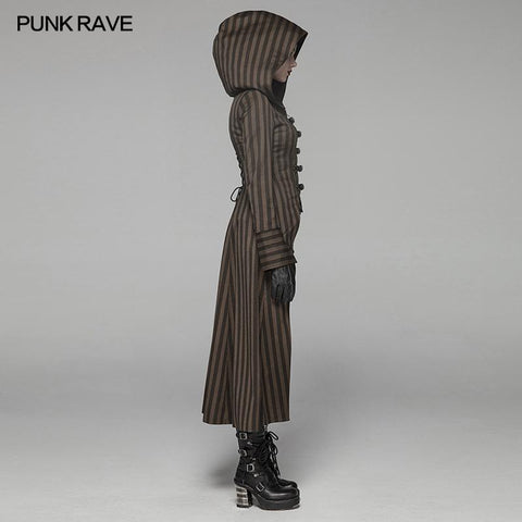 Steam Punk Hooded Striped High-Low Long Coat