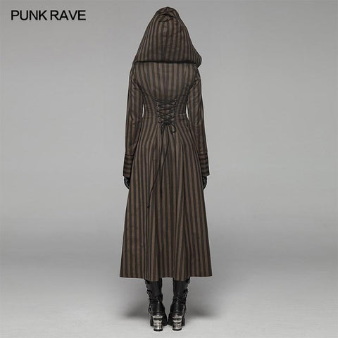 Steam Punk Hooded Striped High-Low Long Coat