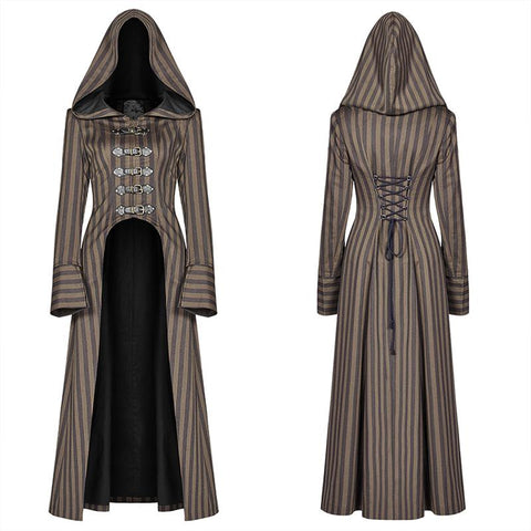 Steam Punk Hooded Striped High-Low Long Coat