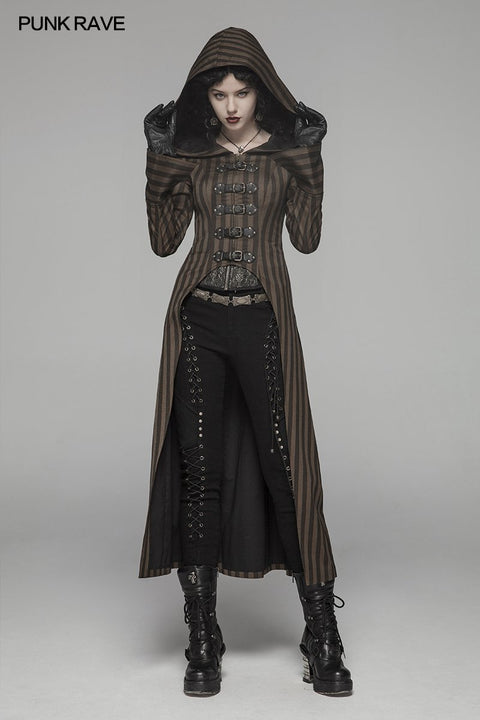 Steam Punk Hooded Striped High-Low Long Coat