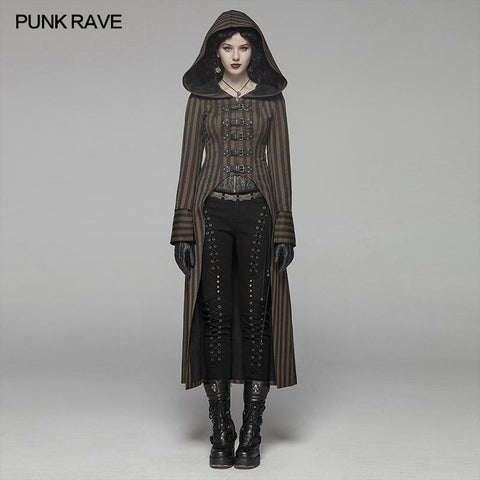 Steam Punk Hooded Striped High-Low Long Coat