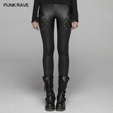 PUNK Damen PU Leder Leggings Crack Velvet Tight Pants mit abnehmbarer Metallkette