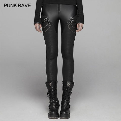 PUNK Damen PU Leder Leggings Crack Velvet Tight Pants mit abnehmbarer Metallkette