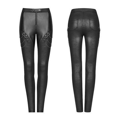 PUNK Damen PU Leder Leggings Crack Velvet Tight Pants mit abnehmbarer Metallkette