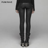 PUNK Damen PU Leder Leggings Crack Velvet Tight Pants mit abnehmbarer Metallkette