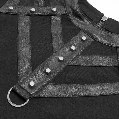 Steampunk T-Shirt mit ausgehöhltem Kragen und ausgestelltem Schlitzärmel