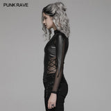 Punk Sexy PU Leder und Elastic Mesh Stitching Langarm T-Shirt für Frauen