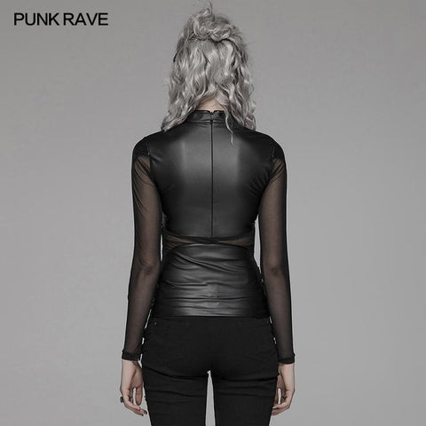 Punk Sexy PU Leder und Elastic Mesh Stitching Langarm T-Shirt für Frauen