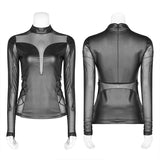 Punk Sexy PU Leder und Elastic Mesh Stitching Langarm T-Shirt für Frauen