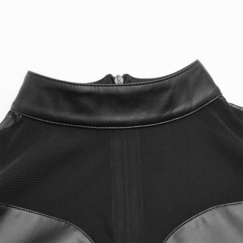 Punk Sexy PU Leder und Elastic Mesh Stitching Langarm T-Shirt für Frauen
