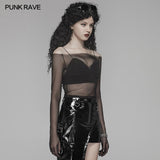 PUNK Off The Shoulder Elastisches transparentes Mesh-Langarm-T-Shirt für Frauen