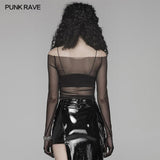 PUNK Off The Shoulder Elastisches transparentes Mesh-Langarm-T-Shirt für Frauen