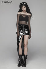 PUNK Off The Shoulder Elastisches transparentes Mesh-Langarm-T-Shirt für Frauen