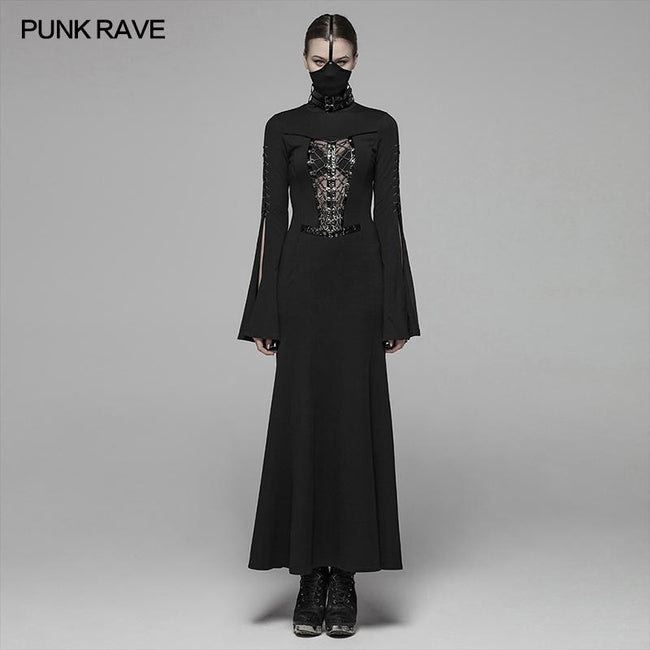 Dark Punk High Collar Cross Decoration Langes Kleid mit einer Maske