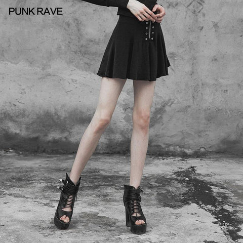 Punk Front Reißverschluss Metallnagel Schwarzer Chiffon Kurzer Faltenrock Mit Sicherheitsunterwäsche