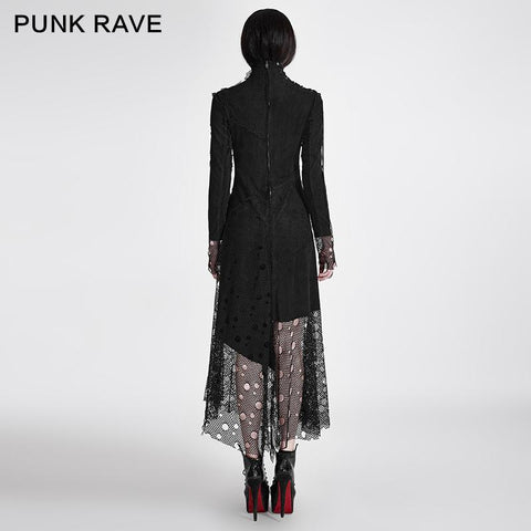 Sexy Asymmetrical Mesh Punk-Kleid mit hohem Ausschnitt und Nähten aus gefälschtem Wildleder