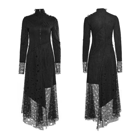Sexy Asymmetrical Mesh Punk-Kleid mit hohem Ausschnitt und Nähten aus gefälschtem Wildleder