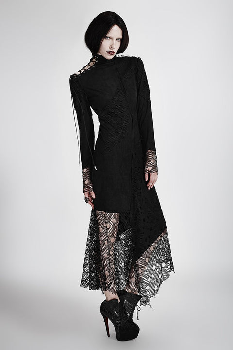 Sexy Asymmetrical Mesh Punk-Kleid mit hohem Ausschnitt und Nähten aus gefälschtem Wildleder