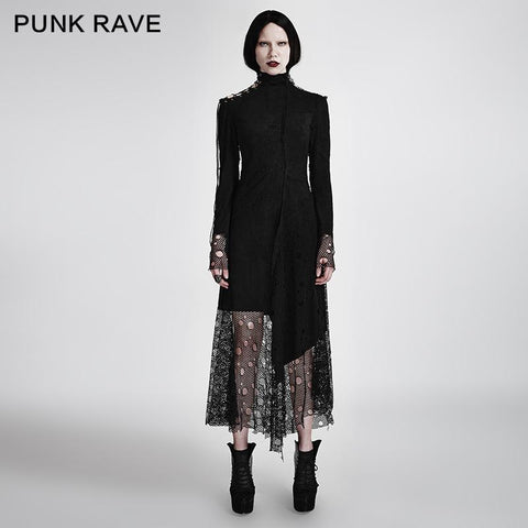 Sexy Asymmetrical Mesh Punk-Kleid mit hohem Ausschnitt und Nähten aus gefälschtem Wildleder