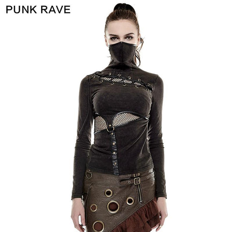 Kaffee Steampunk Tight Mesh Punk Shirts mit hohem Kragen