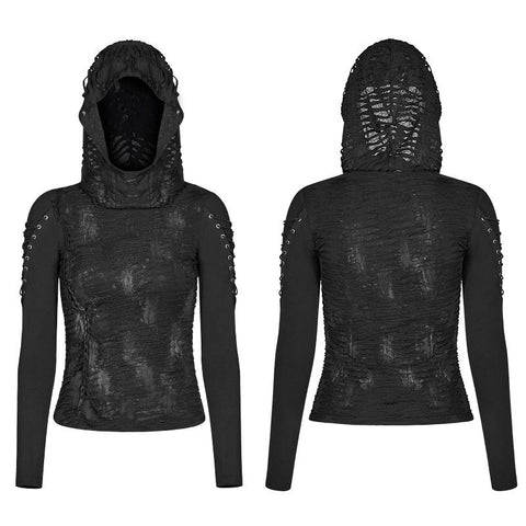 Damen & Herren Double Layers Irregular Dark Gothic Shirt mit schwarzem Loch Kapuze