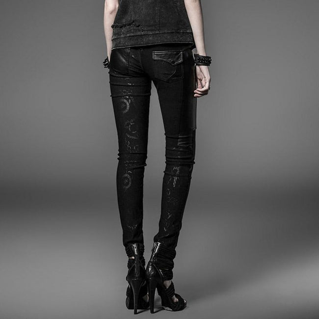 Lange Frauen Punk Hose in sexy Schwarz mit dunkler Kette gedruckt
