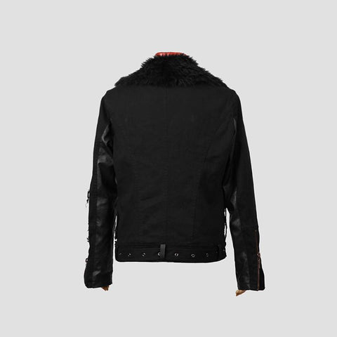 Langer Leder Punk Mantel mit dem warmen schwarzen Pelzkragen für Männer